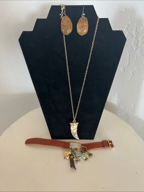 Gold-Tone Brown Stone Drop Earrings and Horn Pendant Necklace Set with bracelet